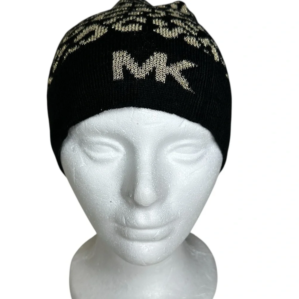 Michael Kors Black & Gold Soft Metallic Leopard Print Logo Hat/Beanie OS NWT
